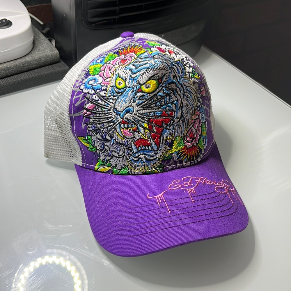 Ed Hardy Embossed Purple Tiger Flower Trucker Adjustable Snapback Hat UNISEX NEW